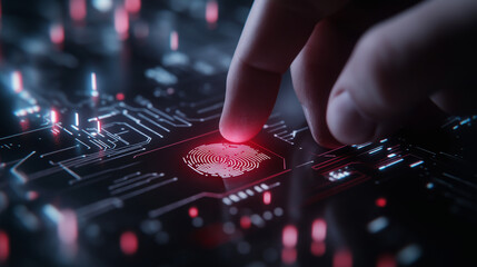 Close-up of a biometric access panel, scanning a thumbprint over a high-tech circuit board. Cybersecurity algorithms and digital encryption waves animate across the interface.