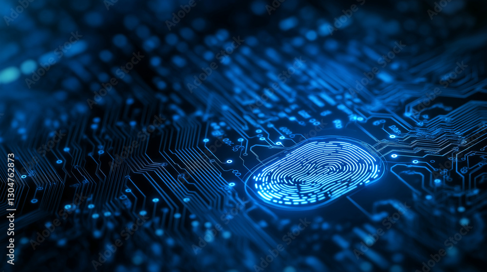Poster neon-lit biometric fingerprint scan, embedded in a blue cyber circuit board. digital security hud in