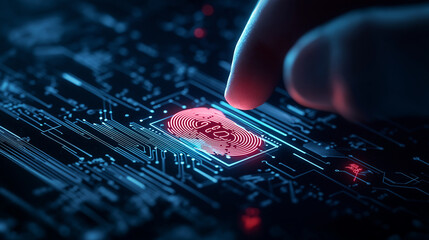 Hyper-detailed futuristic security scan, where a glowing biometric fingerprint interacts with a neon-blue cyber circuit, unlocking a high-tech access system.
