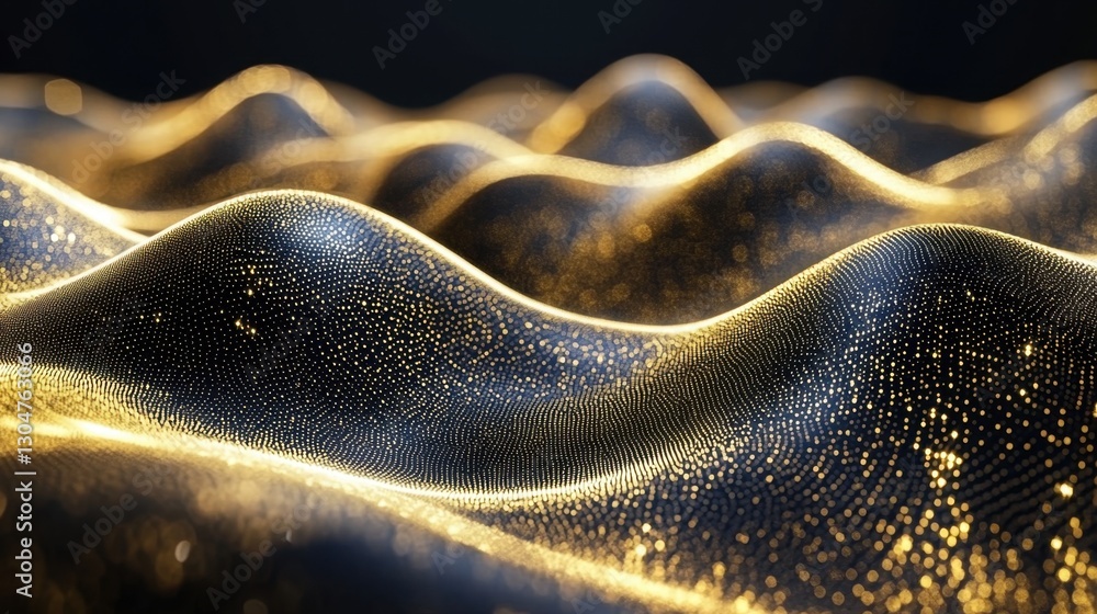 Poster abstract golden wave pattern with sparkling dots on dark background creating a luxurious and modern 