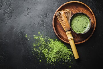 Matcha tea with bamboo whisk on wooden plate, top view black background mockup for Japanese tea brands or wellness content.  
