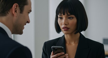 Professional woman in blazer holds smartphone while discussing project ideas