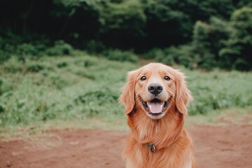 Obraz premium Smiling golden retriever in lush green surroundings, exuding joy