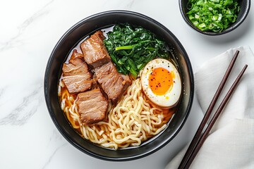 Braised pork ramen with egg and spinach in black bowl, top view on marble table. Minimalist food photography for restaurant branding or ads. 