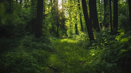 Fototapeta premium Sunlight filtering through lush green forest. Pathway meanders through dense foliage. Sunlight creates a warm glow within the woodland.