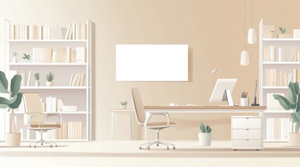 Minimalist home office interior, calm workspace, modern design, neutral colors