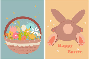 spring illustration for Easter holiday. funny rabbit lies resting with big ears basket full of colored spring flowers illustration for Easter holiday