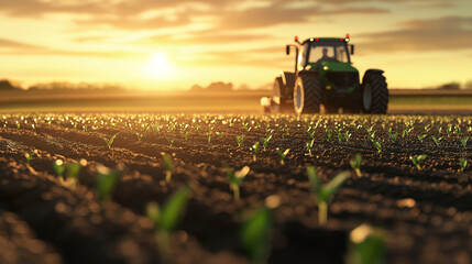 Tractor driving across a field of planted crops, the soil being plowed and turned as the tractor moves forward. The setting sun casts a soft glow over the fresh seedlings, highligh