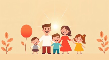 Happy family with children in cheerful cartoon illustration. relationships, peace of mind, harmony, feelings, emotions, joy, happiness, people hugging, couple in love, smiling face,
