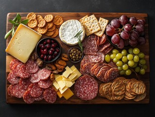 Delicious charcuterie board with cheese salami crackers and grapes on wooden board for gourmet food presentation