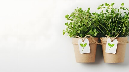 Fototapeta premium Biodegradable Plant Pots with Eco-Friendly Herb Labels Promoting Sustainable Lifestyle