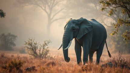 Obraz premium Elephant in the Savanna: An majestic African elephant walks gracefully across the expansive savanna, under a hazy sky. Its presence symbolizes the raw power of nature.