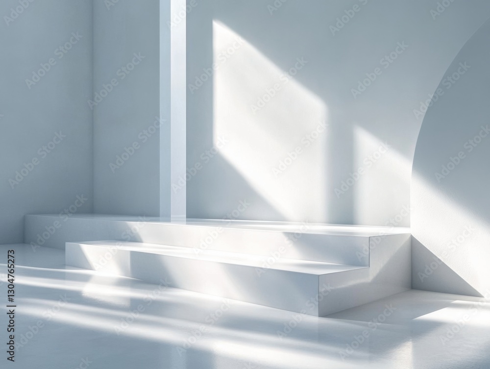 Poster minimalist interior design with white steps and sunlight casting shadows creating a serene and moder