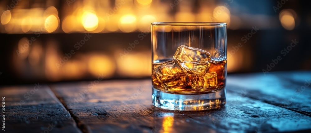 Poster whiskey glass with ice cubes on rustic wooden table against blurred golden bokeh background in bar s