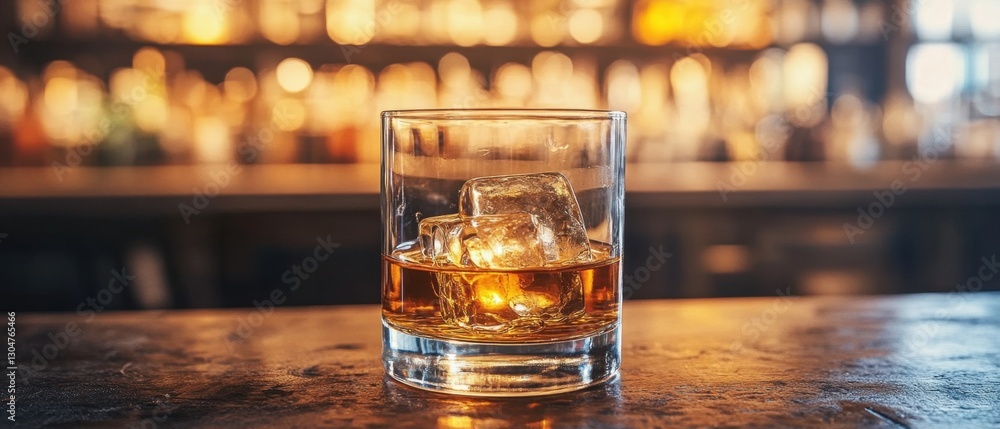 Poster elegant whiskey glass with ice cubes on a bar counter creating a warm inviting atmosphere for relaxa
