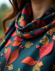 Close-Up of Scarf Featuring Embroidered Leaves