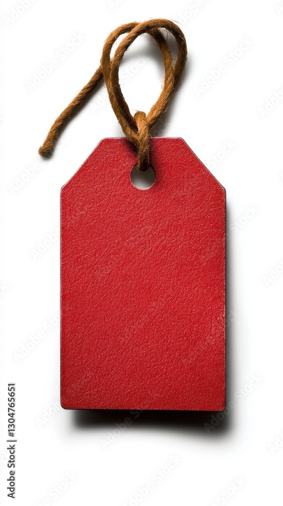 Poster isolated red textured tag with brown string on white backdrop offering versatile design element for 