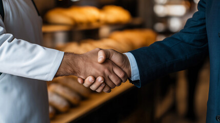 A warm handshake between a baker in a flour-dusted apron and a businessman in a tailored suit, with a display of fresh loaves and baguettes behind them. The moment symbolizes suppo