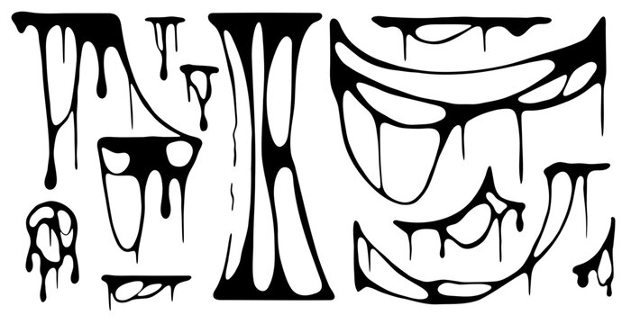 Set of viscous black liquid silhouettes. Sticky slime stains drops. Hand drawn oil drip vector elements for design and decor. 