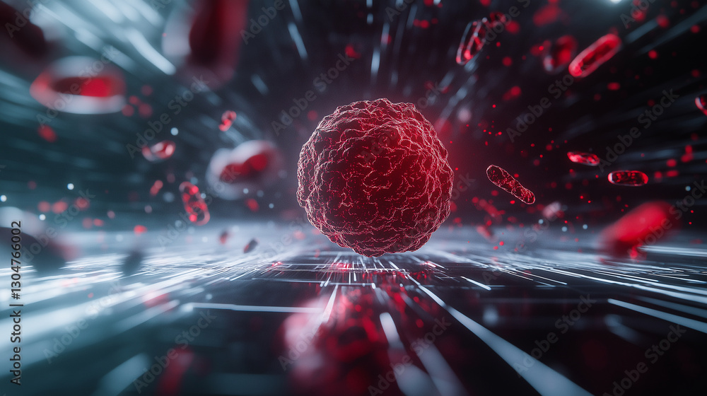 Aufkleber leukemia cell floating in a futuristic microscopic environment, with a glowing, textured nucleus and