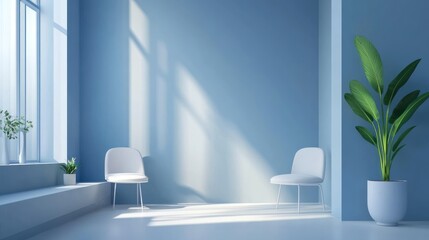 Modern Blue Room Interior, Minimalist Design, Sunlight, Waiting Area