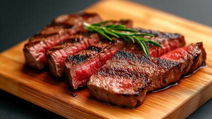 Fototapeta premium Steak slices, grilled to a perfect medium-rare, resting on a warm wooden board, with charred crust and delicate marbling visible. A fresh rosemary garnish enhances the dish, with s