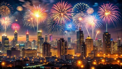 Spectacular New Year's Eve 2025 Fireworks Display Over City Skyline - Long Exposure Photography