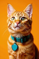 Ginger cat, post-op veterinary collar, orange background , animal hospital, pet recovery, cat
