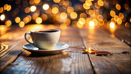 Fototapeta premium Spilled Coffee Cup Bokeh - Warm Morning Mishap Stock Photo
