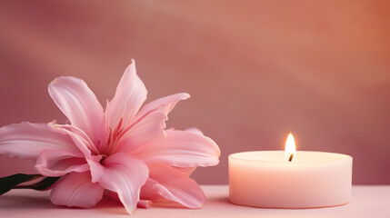 flowers and burning candles on the table, shades of pink