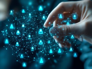 Digital employee recruitment, manager hand choosing icons for human resources, hiring top talent, modern business office, digital talent management, UHD clarity