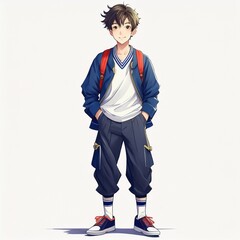 私服姿でリュックサックを背負いズボンのポケットに手を入れる笑顔の学生の全身のイラスト。白い背景。AIで生成	