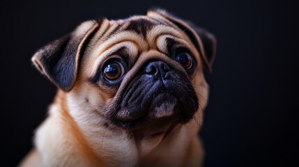 Adorable pug dog with a curious expression looking up against a dark background, highlighting its wrinkled face, round eyes, and distinct features. Cute small breed pet portrait concept