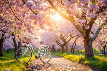 Fototapeta premium Springtime Bicycle Scene: White Bike Under Cherry Blossoms
