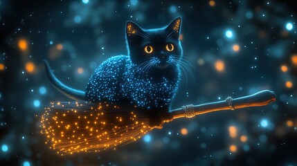 Magical black cat on a witch's broomstick.