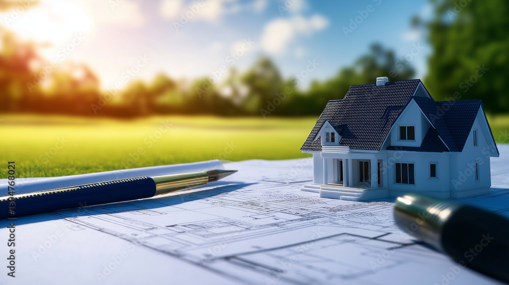 Poster a realistic 3d rendering of a house model placed on housing development blueprints, with drafting to