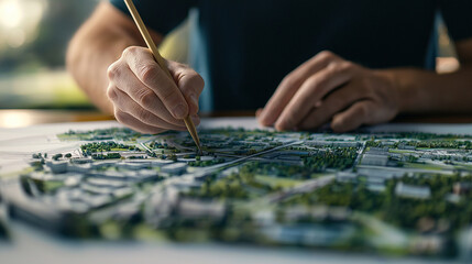 Naklejka premium A designer creates a visionary city layout on a drafting table, mapping out neighborhoods, transportation routes, and key infrastructure. The scene emphasizes real estate developme
