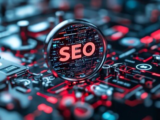 A detailed magnifying glass highlighting the red SEO letters