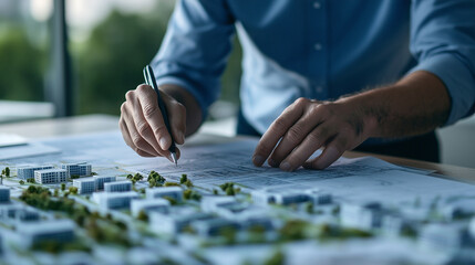 Fototapeta premium Overhead view of a city planning table filled with maps, blueprints, and models, as an architect fine-tunes building layouts and road intersections for a visionary residential area