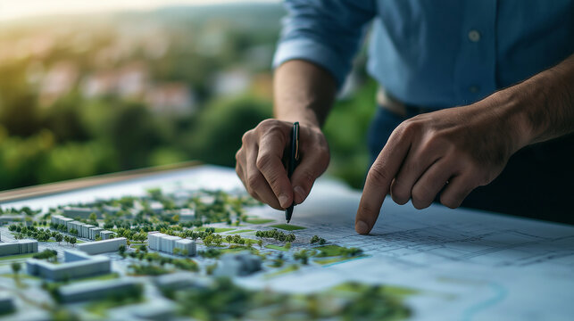 A planning board filled with an evolving city design, where an architect makes precise adjustments, mapping out districts, parks, and smart road systems. The blueprint represents u