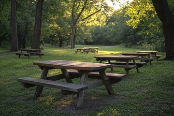 Serene Park with Picnic Tables at Sunset - A tranquil scene featuring picnic tables under a colorful sunset.