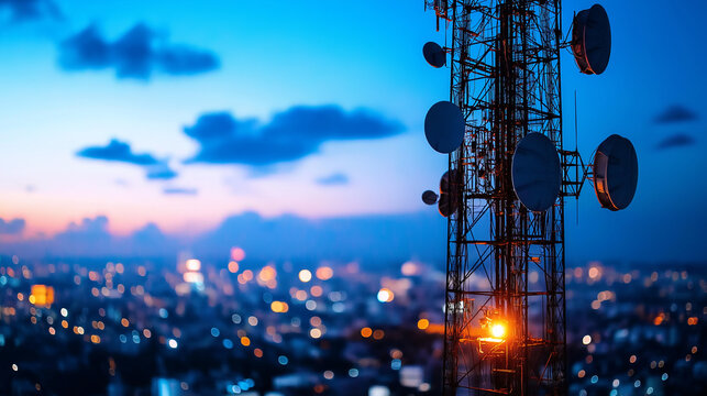 Telecommunication mast equipped with multiple satellite dishes and antennas, transmitting digital TV, cellular data, and broadband signals over long distances. A hub of network inf