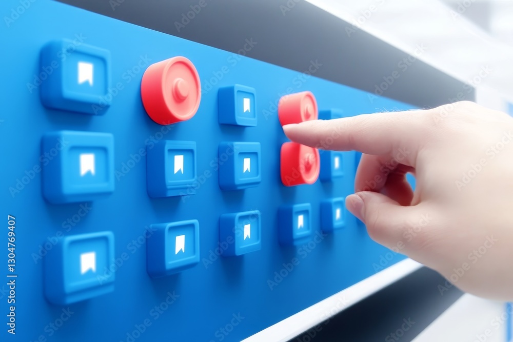 Poster advanced time management techniques concept, interactive buttons on a blue panel with a finger press