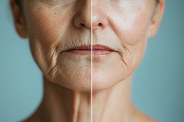 Woman's 60 years old face demonstrating the effects of skincare treatment in a clear split view	