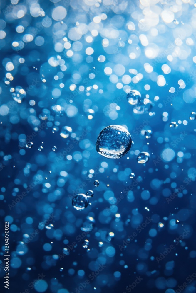 Poster captivating macro shot of water bubbles floating in a blue liquid background creating a refreshing a