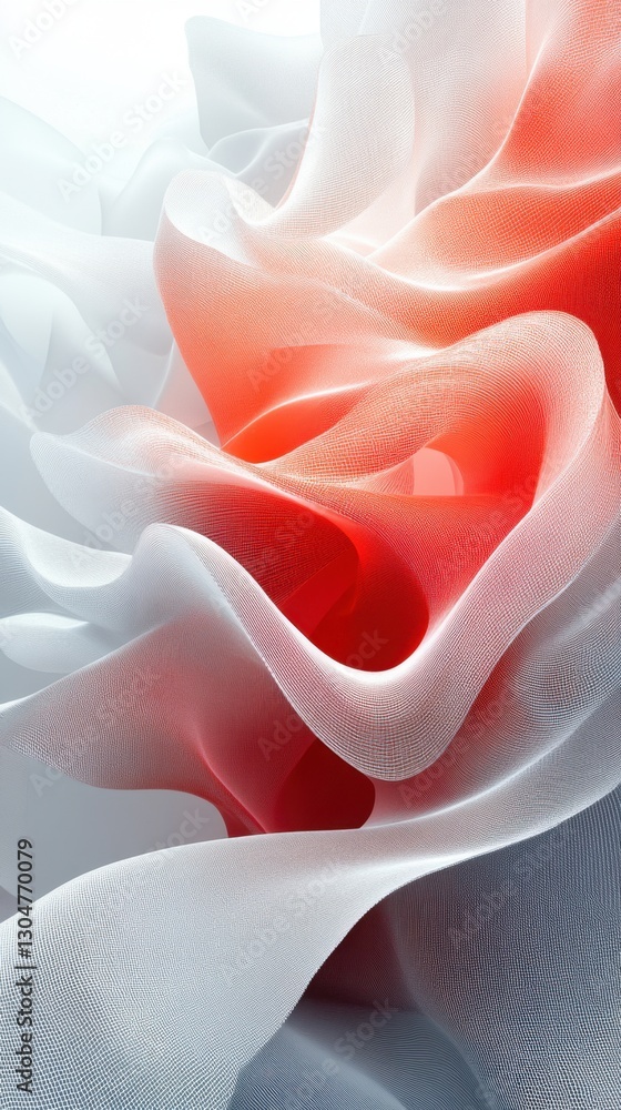Poster abstract fabric waves in red and white texture background with soft light and elegant flowing design