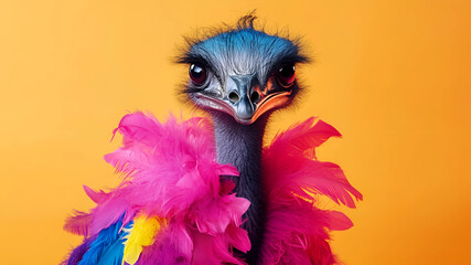 This playful and creative concept features an emu bird dressed in vibrant, eye-catching outfits, standing out against a solid background. Perfect for a birthday party invitation