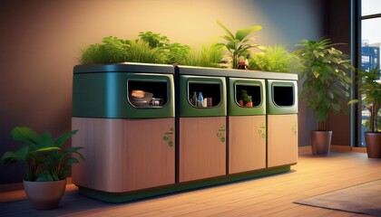 A modern waste sorting station with plants promotes recycling and environmental protection.