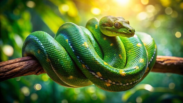 Stunning Biak Green Tree Python in Lush Rainforest Habitat - High-Resolution Stock Photo