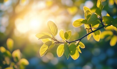 Spring sunlight illuminates new leaves on a branch, bokeh background, nature scene